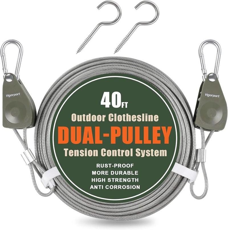 Vigorport Outdoor Retractable Clothesline, Portable Travel Clothes Line, Heavy Duty Rope Pully System with Metal Carabiner & Nylon Coating Wire Ropes for Camping, RV, Backyard（40Ft） - Image 1